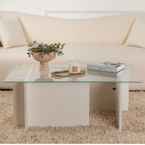 Table basse verre déstructurée – effet bois blanc, H.40 cm SALTA
